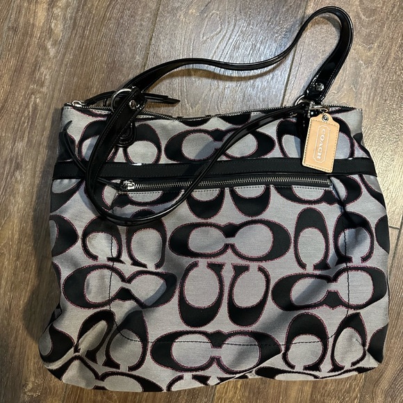 Coach Poppy Black & Silver Canvas Shoulder Tote Bag - Picture 1 of 2